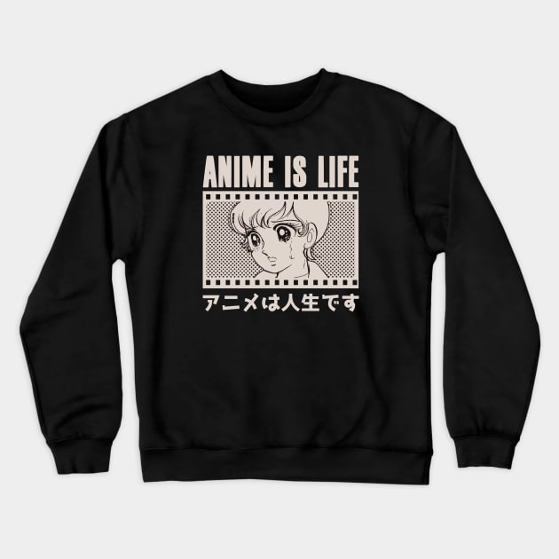 Anime is Life Otaku, Vintage Retro Black Crewneck Sweatshirt by Issho Ni